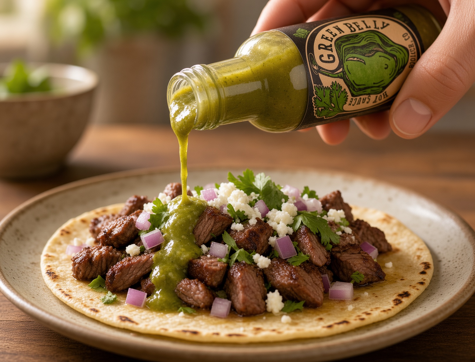 Green Belly hot sauce poured on a steak taco