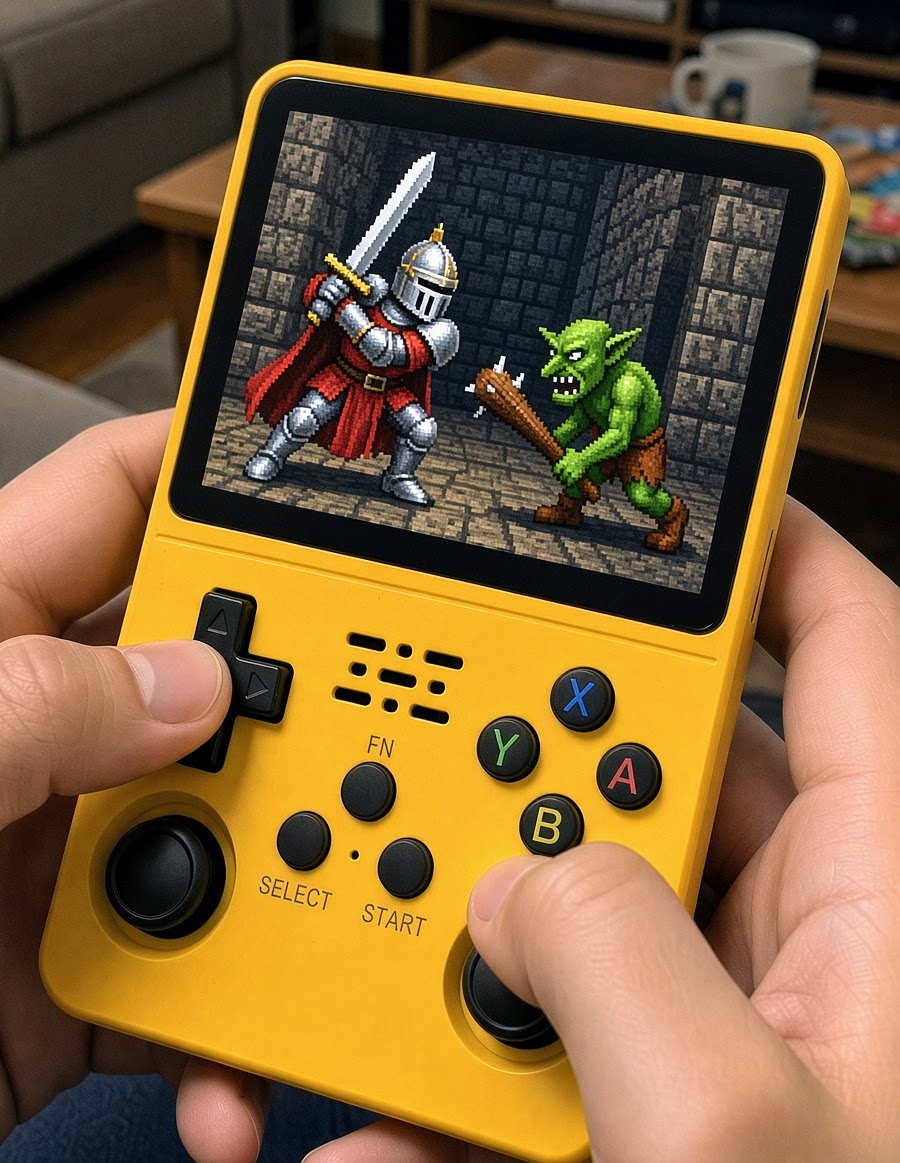 Yellow R36S handheld in two hands, pixel game on screen
