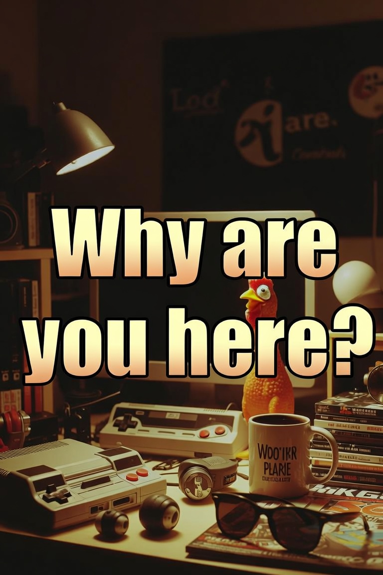 Desk clutter and a rubber chicken, text Why are you here?